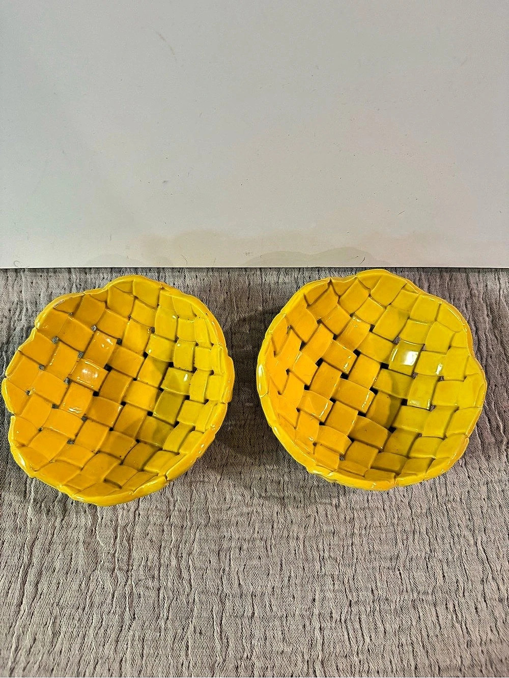 VTG Primo'Gi Italy Yellow Ceramic Basket Weave Bowls - Pair